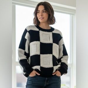 Line & Dot Oversized Checkerboard Plush Knit Crewneck Thick Pullover Sweater S